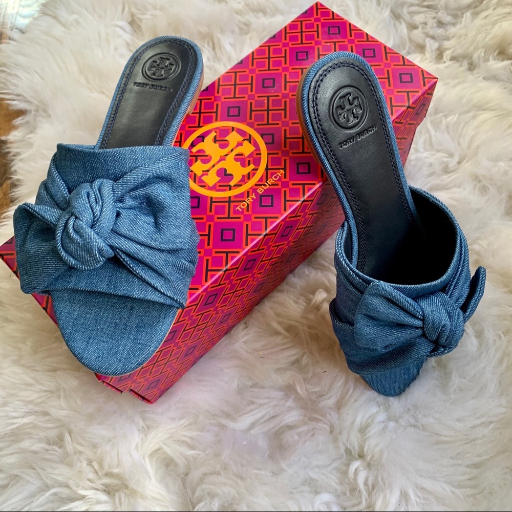 NIB TORY BURCH Annabelle Chambray Bow Slide Sandal - Picture 7 of 11